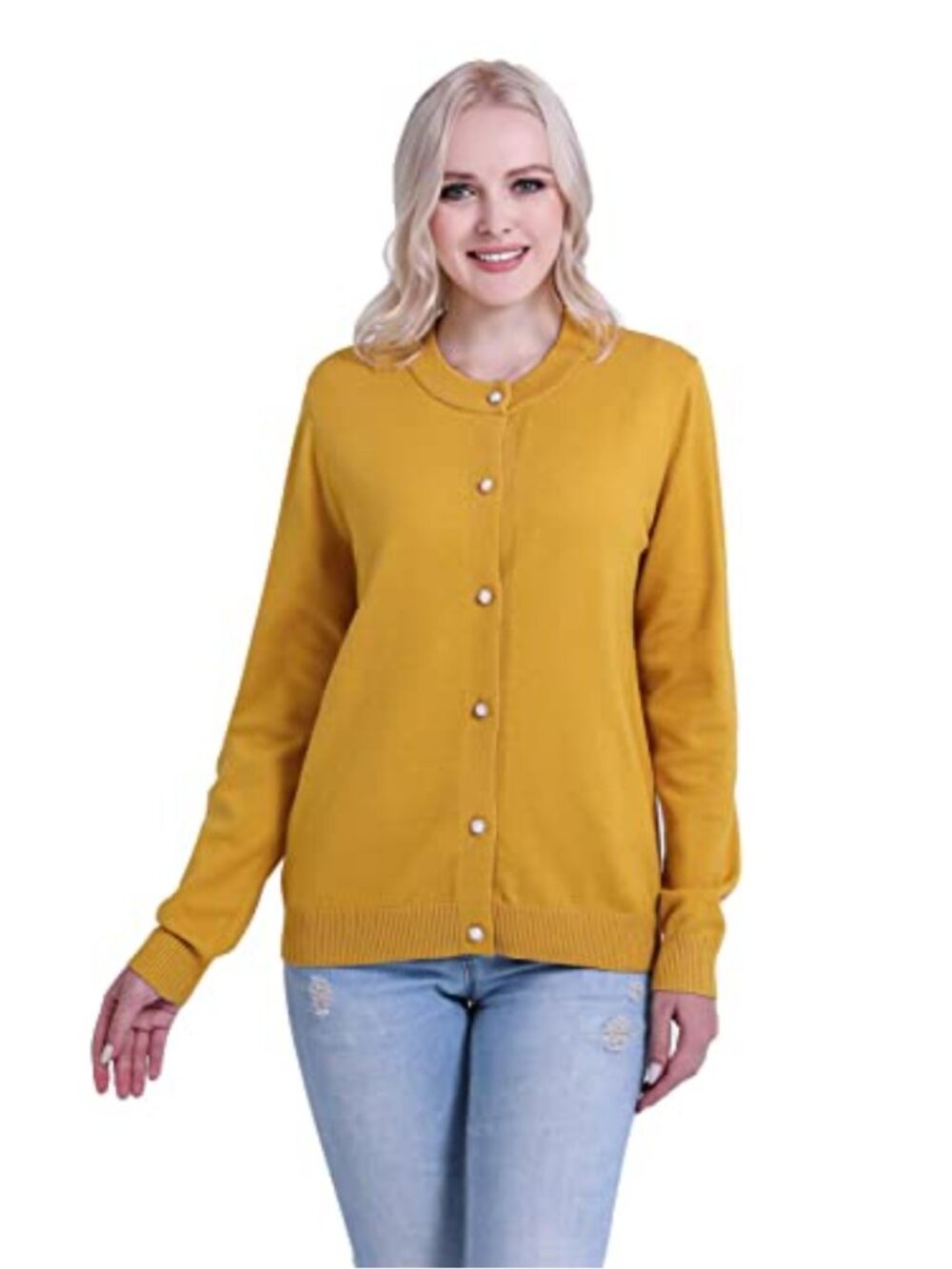 Women's Cotton Blend Cardigan Long Sleeve Knit Crew Neck Pearl Button